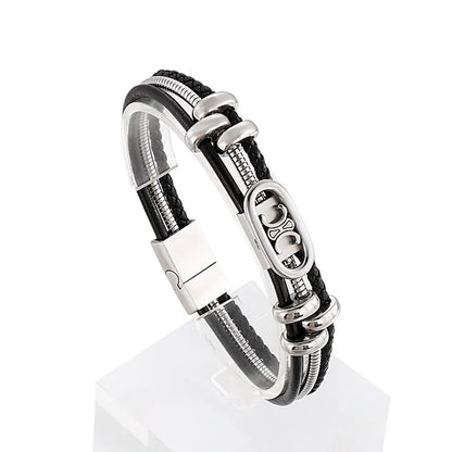 Hip-Hop Retro Color Block Pu Leather Titanium Steel Braid Men'S Bangle