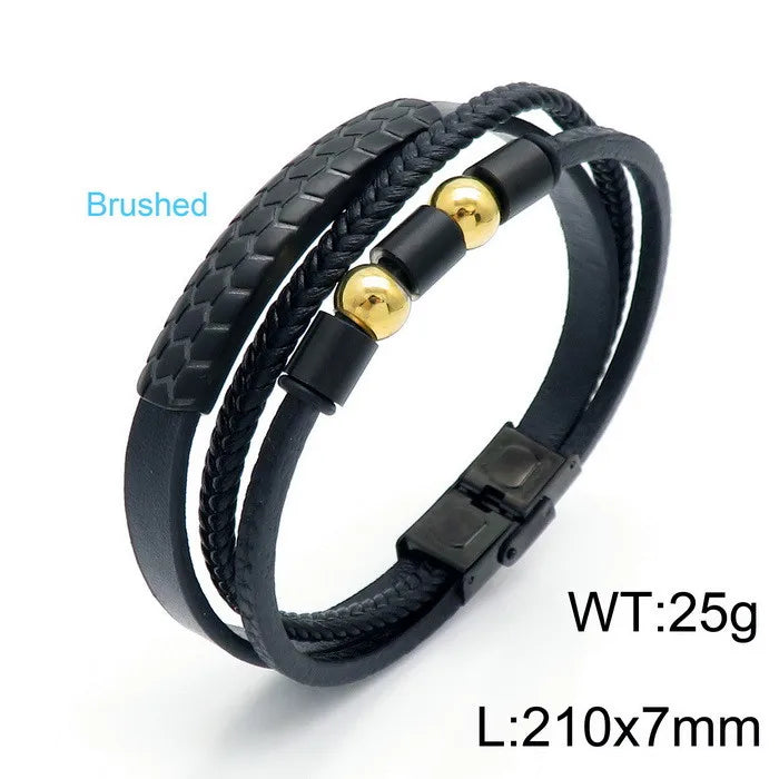 Hip-Hop Retro Color Block Pu Leather Titanium Steel Braid Men'S Bangle