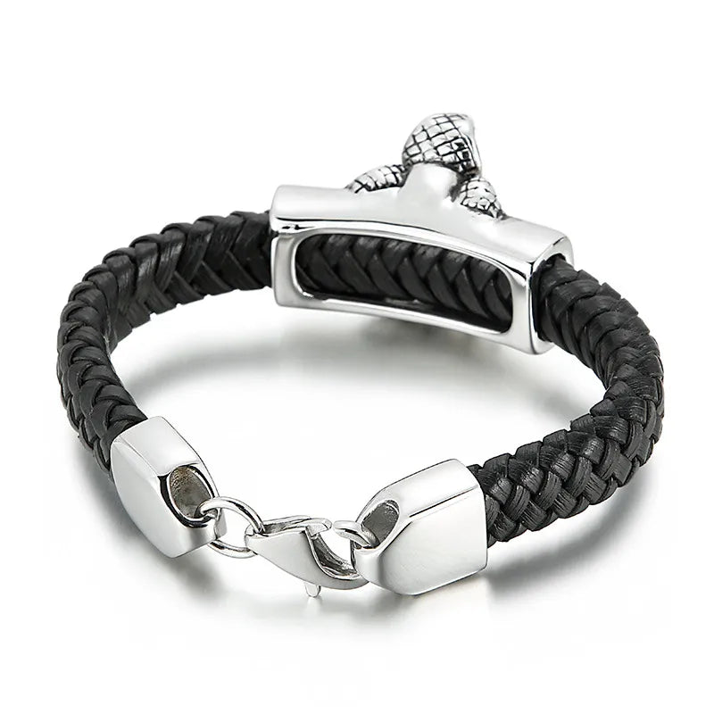 Hip-Hop Retro Color Block Pu Leather Titanium Steel Braid Men'S Bangle