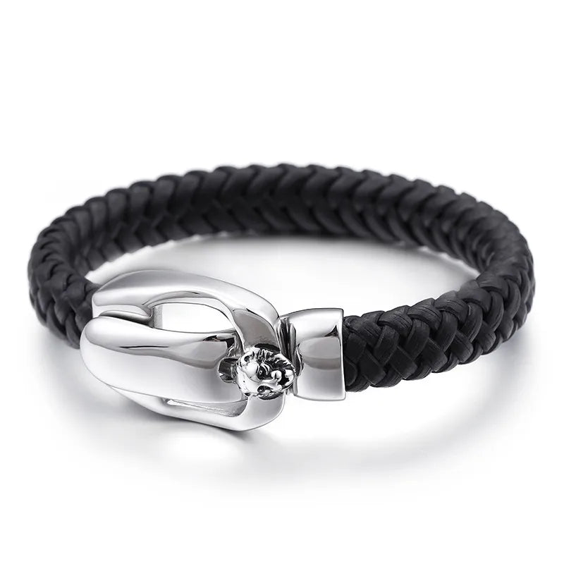 Hip-Hop Retro Color Block Pu Leather Titanium Steel Braid Men'S Bangle