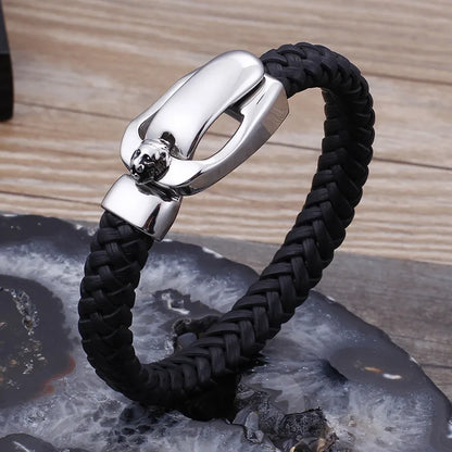 Hip-Hop Retro Color Block Pu Leather Titanium Steel Braid Men'S Bangle