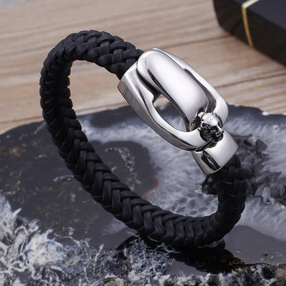 Hip-Hop Retro Color Block Pu Leather Titanium Steel Braid Men'S Bangle