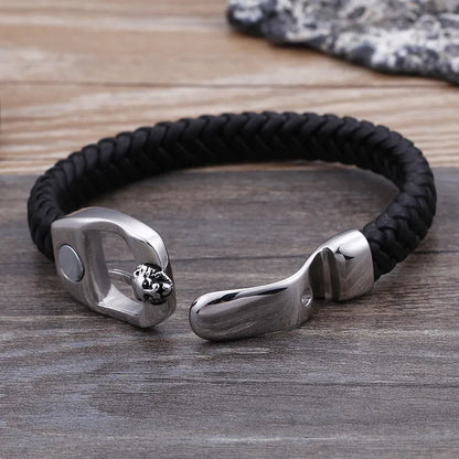 Hip-Hop Retro Color Block Pu Leather Titanium Steel Braid Men'S Bangle