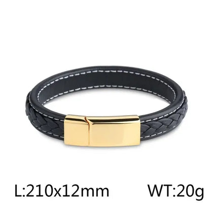 Hip-Hop Retro Color Block Pu Leather Titanium Steel Braid 18K Gold Plated Men'S Bangle