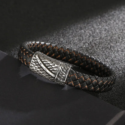 Hip-Hop Retro Color Block Pu Leather Titanium Steel Braid Men'S Bangle