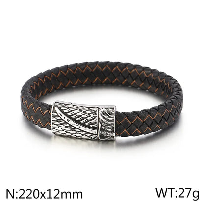 Hip-Hop Retro Color Block Pu Leather Titanium Steel Braid Men'S Bangle