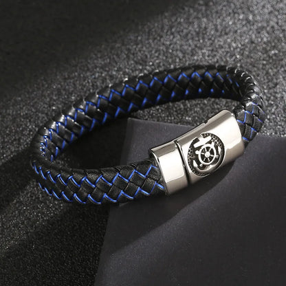 Hip-Hop Retro Color Block Pu Leather Titanium Steel Braid Men'S Bangle