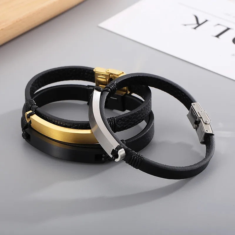 Hip-Hop Retro Color Block Pu Leather Titanium Steel Patchwork 18K Gold Plated Men'S Bracelets