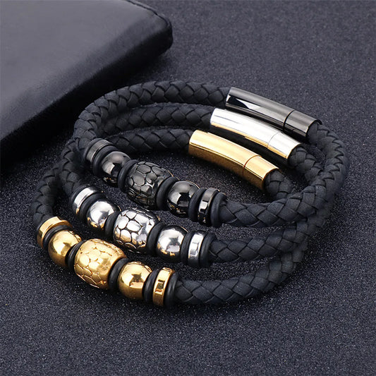 Hip-Hop Retro Color Block Pu Leather Titanium Steel Plating 18K Gold Plated Men'S Bangle