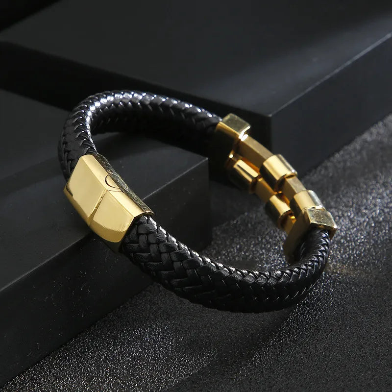 Hip-Hop Retro Color Block Pu Leather Titanium Steel Plating 18K Gold Plated Men'S Bangle