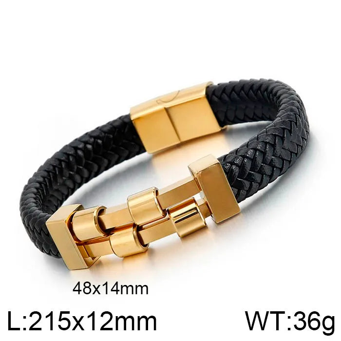 Hip-Hop Retro Color Block Pu Leather Titanium Steel Plating 18K Gold Plated Men'S Bangle