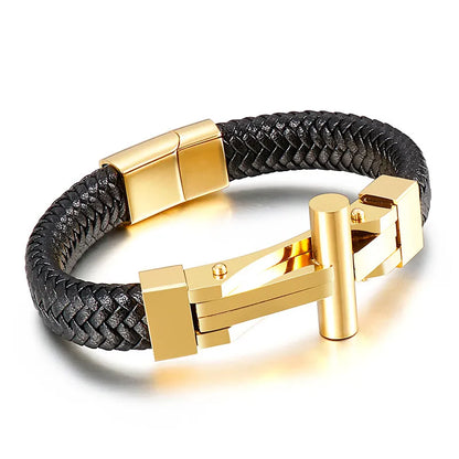 Hip-Hop Retro Color Block Pu Leather Titanium Steel Plating 18K Gold Plated Men'S Bracelets