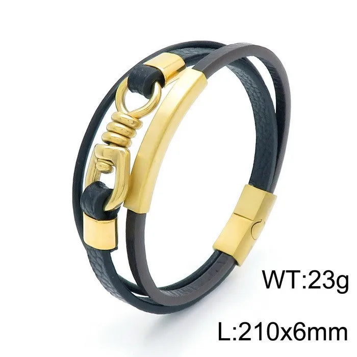 Hip-Hop Retro Color Block Pu Leather Titanium Steel Plating 18K Gold Plated Men'S Wristband