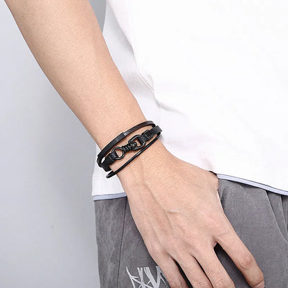 Hip-Hop Retro Color Block Pu Leather Titanium Steel Plating 18K Gold Plated Men'S Wristband