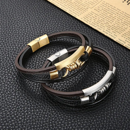 Hip-Hop Retro Color Block Pu Leather Titanium Steel Plating 18K Gold Plated Men'S Wristband