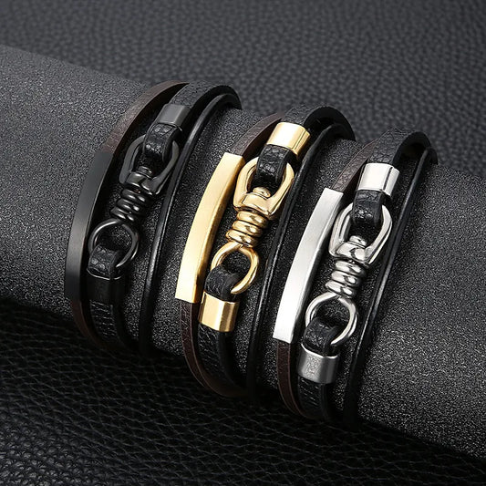 Hip-Hop Retro Color Block Pu Leather Titanium Steel Plating 18K Gold Plated Men'S Wristband