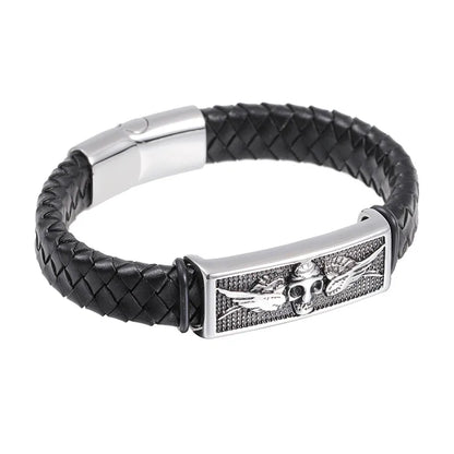 Hip-Hop Retro Color Block Stainless Steel Pu Leather Braid Men'S Bangle