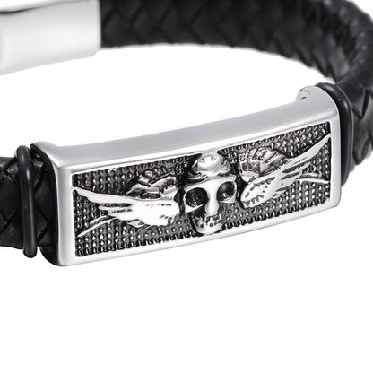 Hip-Hop Retro Color Block Stainless Steel Pu Leather Braid Men'S Bangle