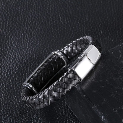 Hip-Hop Retro Color Block Stainless Steel Pu Leather Braid Men'S Bangle