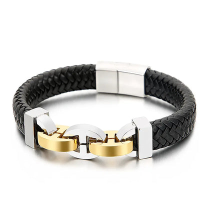 Hip-Hop Retro Color Block Stainless Steel Pu Leather Plating 18K Gold Plated Men'S Bangle