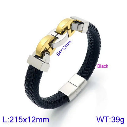 Hip-Hop Retro Color Block Stainless Steel Pu Leather Plating 18K Gold Plated Men'S Bangle