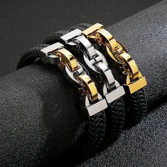 Hip-Hop Retro Color Block Stainless Steel Pu Leather Plating 18K Gold Plated Men'S Bangle