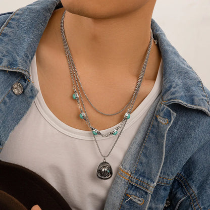 Hip-Hop Retro Cowboy Style U Shape Geometric Alloy Plating Inlay Turquoise Men'S Three Layer Necklace