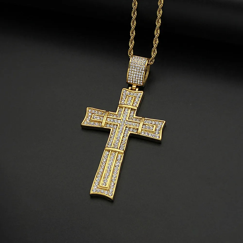 Hip-Hop Retro Cross 316 Stainless Steel  Inlay Rhinestones Unisex Pendant Necklace