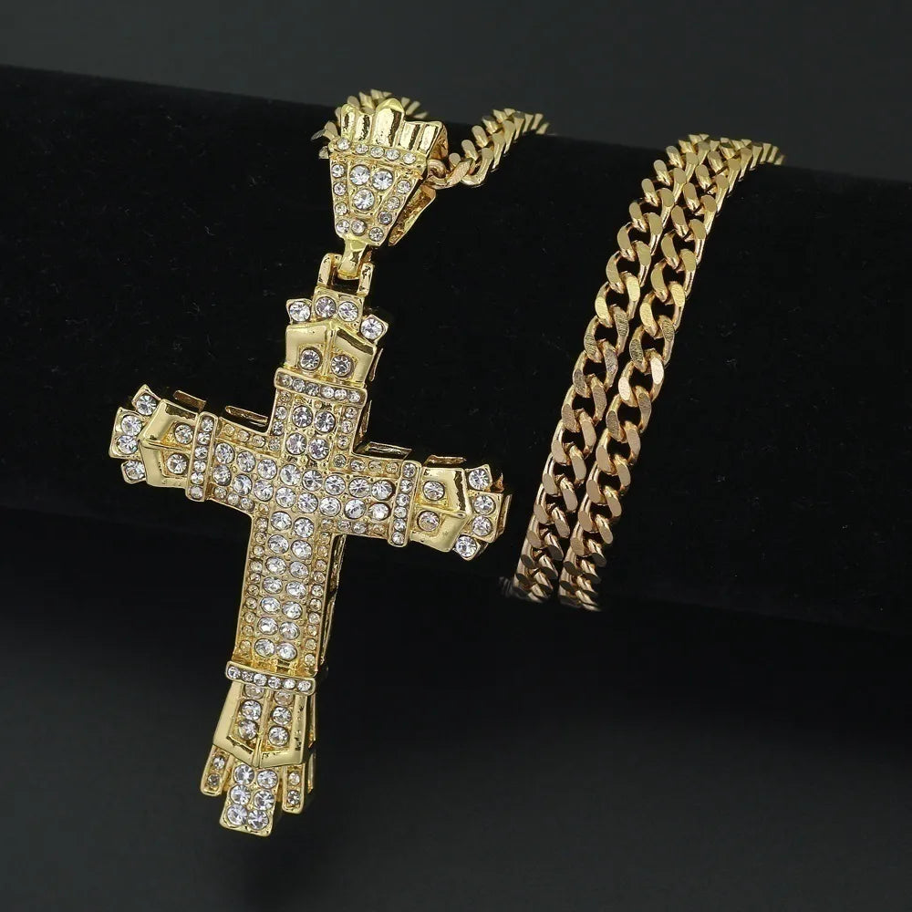 Hip-Hop Retro Cross Alloy Metal Inlay Rhinestones Men'S Pendant Necklace