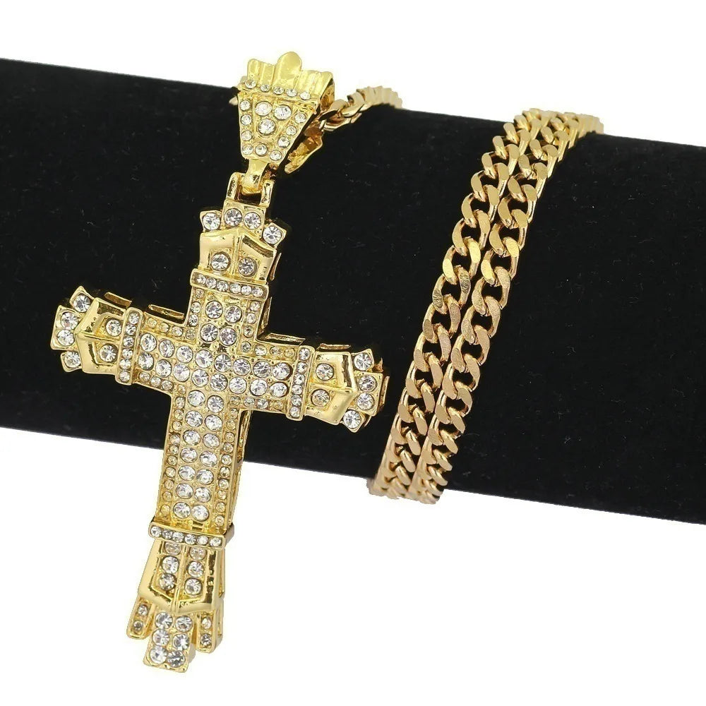 Hip-Hop Retro Cross Alloy Metal Inlay Rhinestones Men'S Pendant Necklace