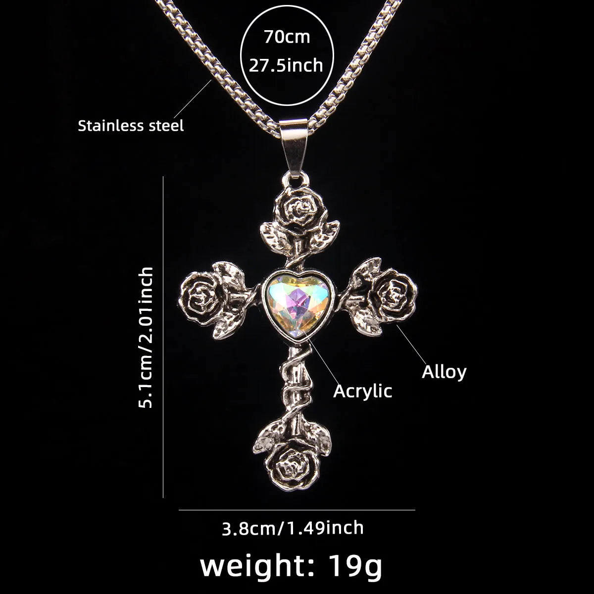 Hip-Hop Retro Cross Rose 201 Stainless Steel Arylic Zinc Alloy Acrylic Unisex Pendant Necklace