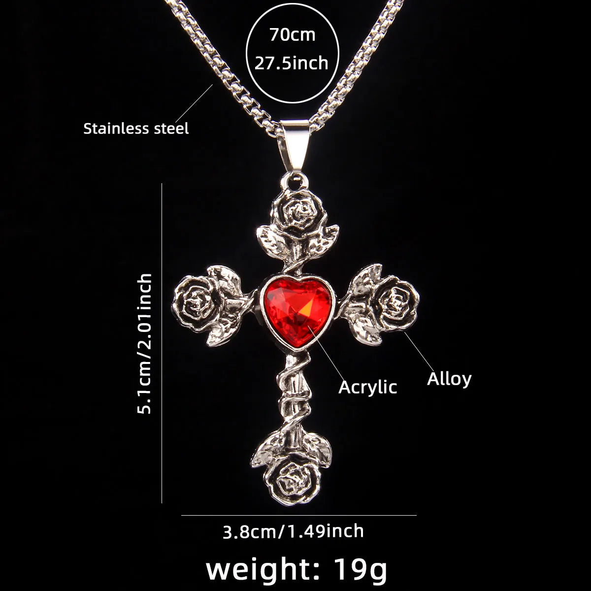 Hip-Hop Retro Cross Rose 201 Stainless Steel Arylic Zinc Alloy Acrylic Unisex Pendant Necklace