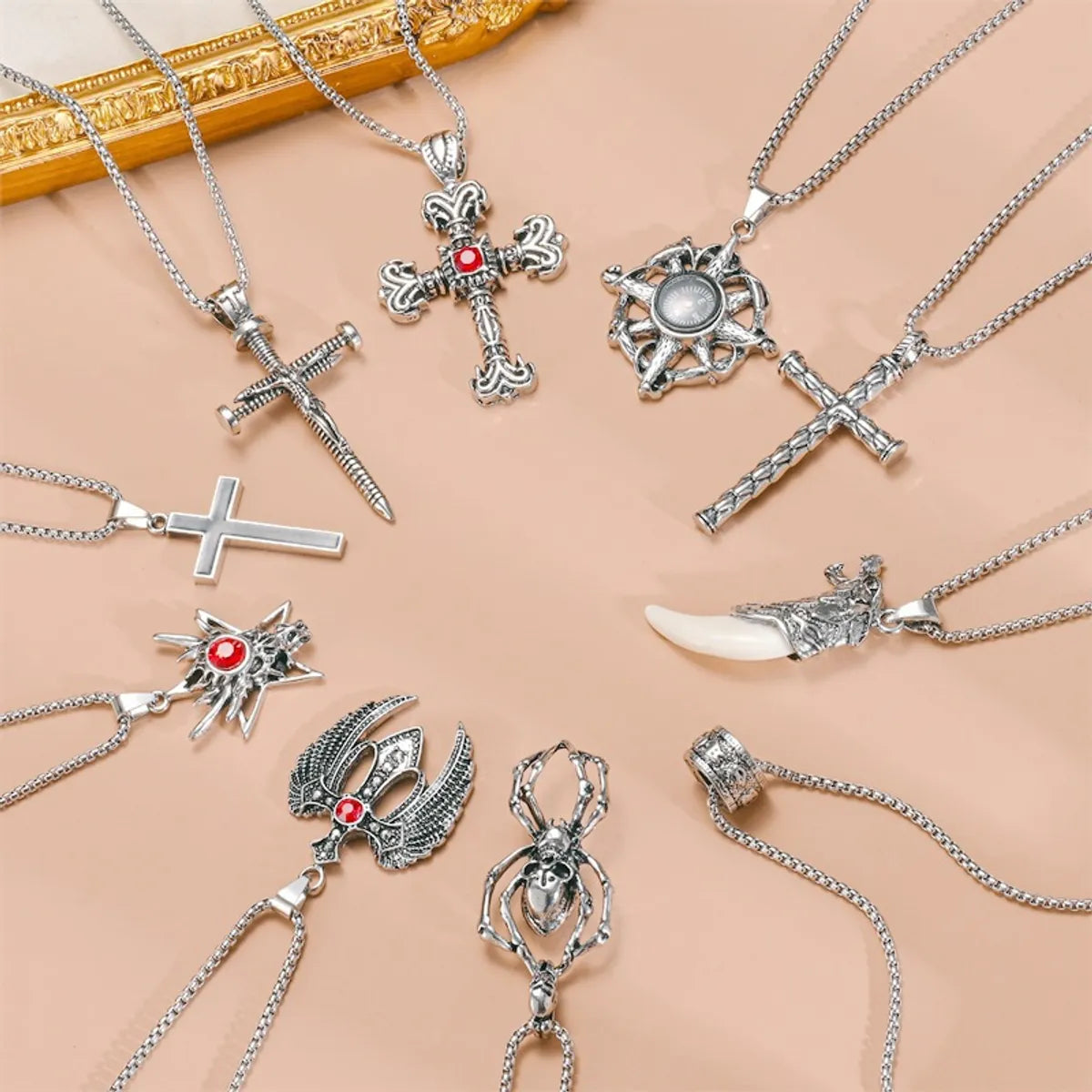 Hip-Hop Retro Cross Spider Titanium Steel Inlay Zircon Pendant Necklace