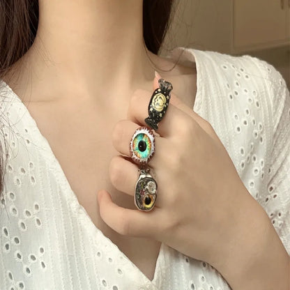 Hip-Hop Retro Eye Arylic Alloy Plating Inlay Artificial Pearls Rhinestones Silver Plated Unisex Rings