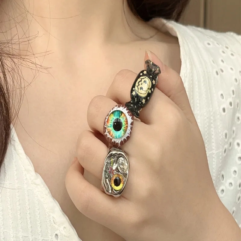 Hip-Hop Retro Eye Arylic Alloy Plating Inlay Artificial Pearls Rhinestones Silver Plated Unisex Rings