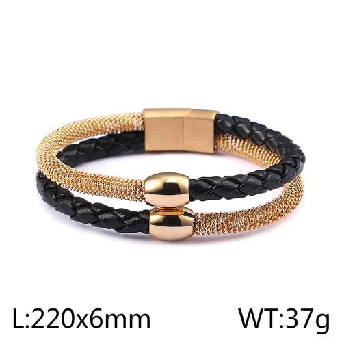 Hip-Hop Retro Geometric Pu Leather Titanium Steel Plating 18K Gold Plated Men'S Bracelets