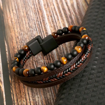 Hip-Hop Retro Round Pu Leather Natural Stone Knitting Men'S Bracelets