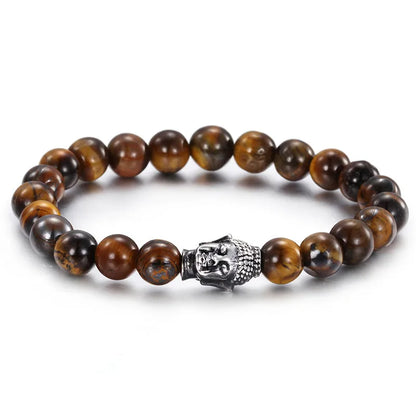 Hip-Hop Retro Round Tiger Eye Titanium Steel Beaded Men'S Bracelets