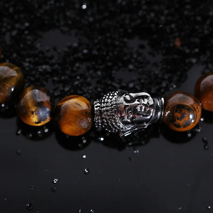 Hip-Hop Retro Round Tiger Eye Titanium Steel Beaded Men'S Bracelets