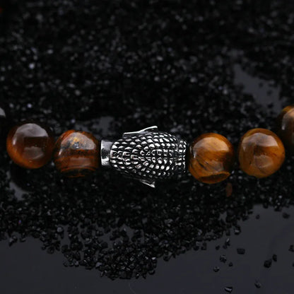 Hip-Hop Retro Round Tiger Eye Titanium Steel Beaded Men'S Bracelets