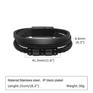 Hip-Hop Retro Solid Color 201 Stainless Steel Pu Leather Layered Men'S ID Bracelet Bracelets