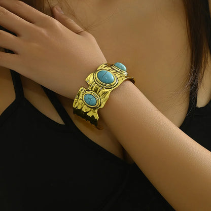 Hip-Hop Retro Solid Color Alloy Inlay Turquoise Women'S