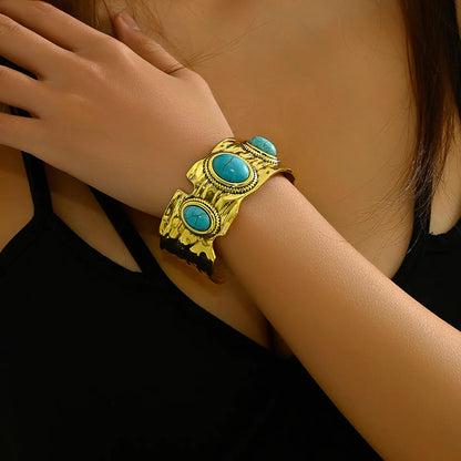 Hip-Hop Retro Solid Color Alloy Inlay Turquoise Women'S