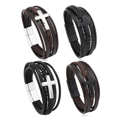 Hip-Hop Retro Solid Color Pu Leather Knitting Men'S Bangle