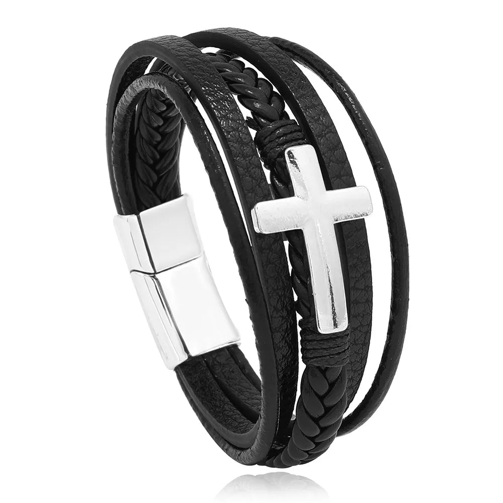 Hip-Hop Retro Solid Color Pu Leather Knitting Men'S Bangle