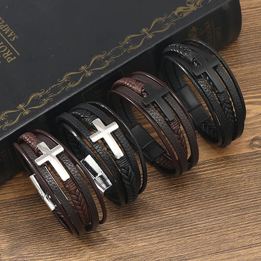 Hip-Hop Retro Solid Color Pu Leather Knitting Men'S Bangle