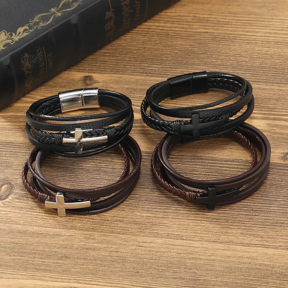 Hip-Hop Retro Solid Color Pu Leather Knitting Men'S Bangle