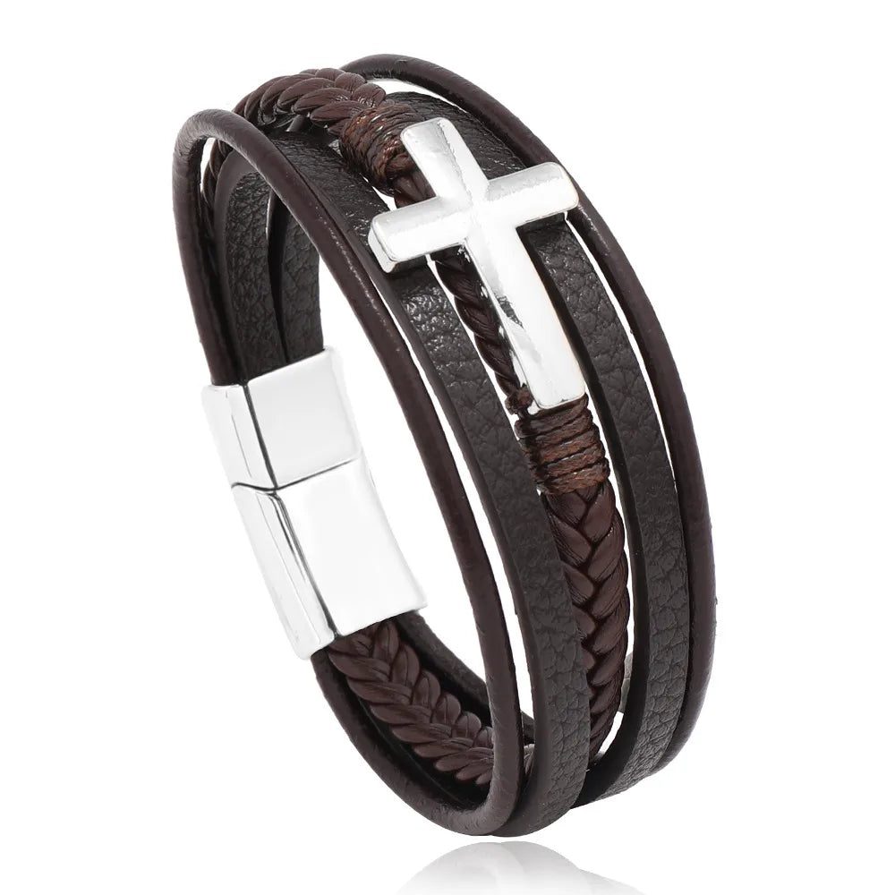 Hip-Hop Retro Solid Color Pu Leather Knitting Men'S Bangle