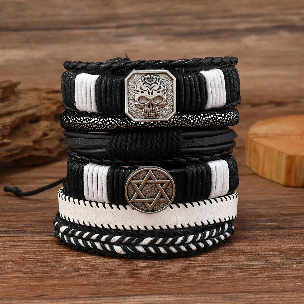 Hip-Hop Retro Streetwear Geometric Skull Pu Leather Alloy Wax Line Men'S Bracelets