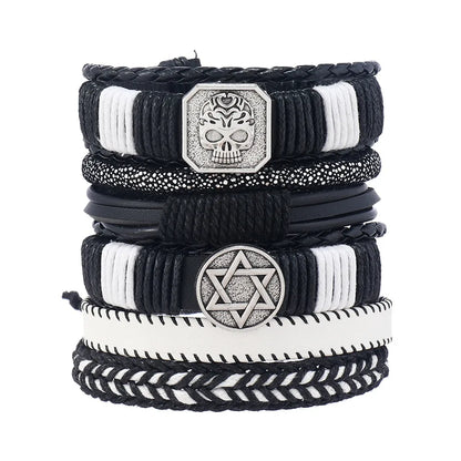 Hip-Hop Retro Streetwear Geometric Skull Pu Leather Alloy Wax Line Men'S Bracelets